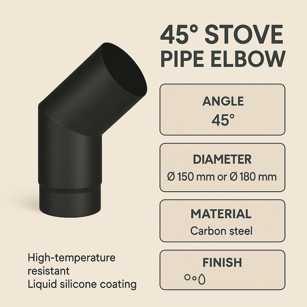 FORTUNATO Curva 45° per Stufa a Pellet e Legna, Acciaio al Carbonio 2 mm, Verniciatura Siliconica, Diametri 150-180 mm (Ø 150 mm)