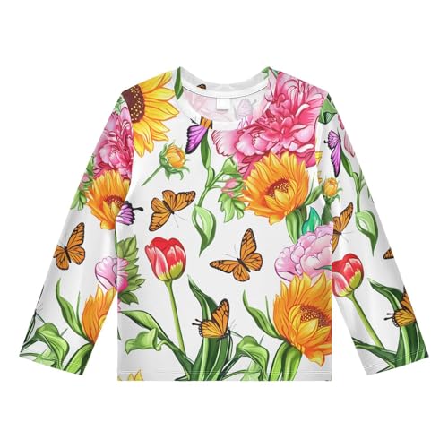 DOMIKING Butterfly Sunflower Peony White Boys Long Sleeve Rashguard Shirt Kids Quick Dry Swim Shirt for Swimming Pool Beach 11-12T
