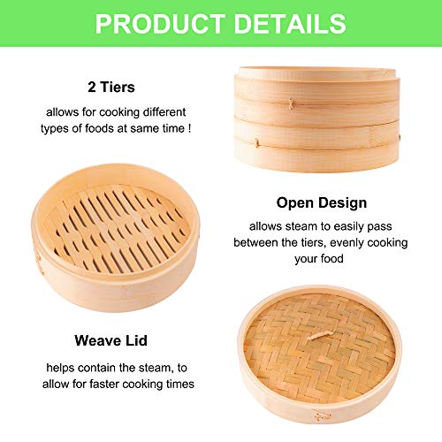 Cesta de bambu para vaporização de 25,4 cm, vaporizador de alimentos premium com tampa, vaporizador