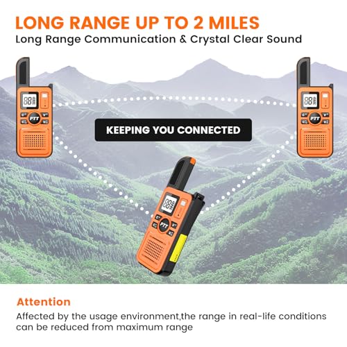 Image of Super Mini Walkie Talkies with Earpiece, Portable 2 Way Radios | Clear Audio, LED Display, 22 Channels, 2KM Range, Walkie Talkies for Cruise Ship, Hiking, Travel, Outdoor, Baseball, Orange