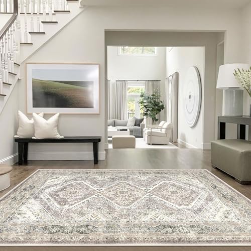 KUTA Living Room Rug 6x9 Ivory Grey Yellow, Vintage Washable Large Area Rugs 6ft x 9ft, Non-Slip Boho Printed Oriental Dining Room Carpet, Indoor Low-Pile Cozy Room Throw for Office Bedroom