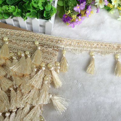 Borde de flecos con cuentas de 12 yardas - Trenza de poliéster duradera(Beige)