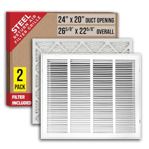 [2 Pack] Fits 24x20 Duct Opening | Filter Included Steel Return Air Filter Grille by Handua [Removable Door] | Vent Cover Filter Grill | White | Out. Dim.: 26 5/8"W X 22 5/8"H