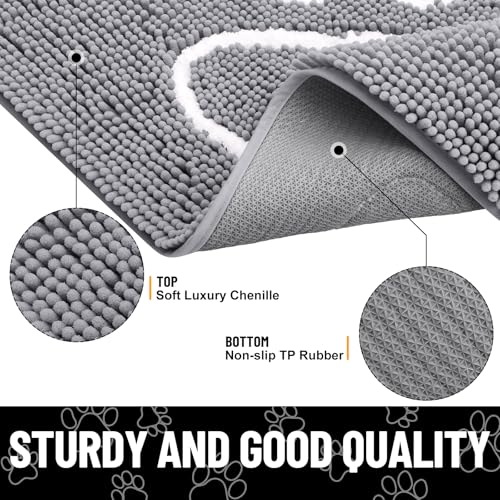 Image of Smiry Dog Door Mat for Muddy Paws, Absorbent Dirt Trapper Non Slip Quick Dry Washable Chenille Mat for Mud Dogs, Entry Rug for Indoor and Outdoor (36x24 Inches, Grey and White)