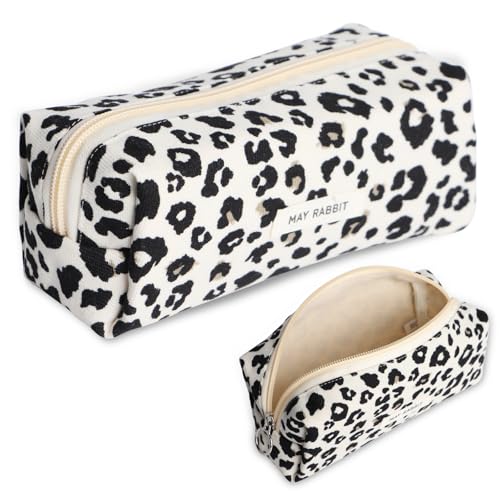 ICKEYOU Mäppchen Cord-Stoff Mädchen Teenager Stiftetasche Stiftemappe Pencil Case Federtasche Schreibwaren Organizer Tasche Große Speicherkapazität Federmäppchen für Schule Büro(Weiß Leopardenmuster)