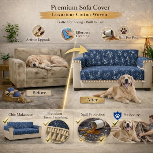 Image of STITCHNEST Woven Fabric Sofa Cover 2 Seater with 2 Hand Rest Covers - Washable Blue Sofa Cover with Tassels - Durable Premium Fabric - Stylish Sofa Protector for Living Room & Furniture Decor