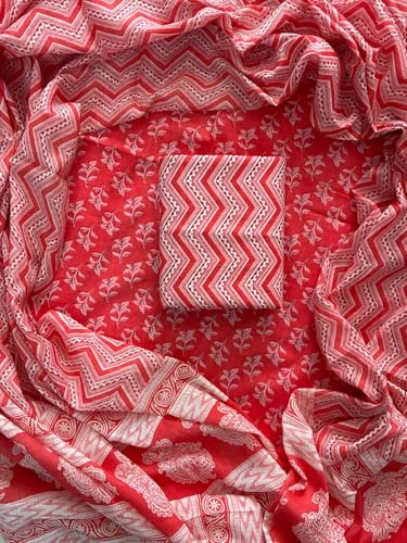 Image of Eddika women unstitched hand block printed cotton suit set with mulmul dupatta ehbpcswmd0120P