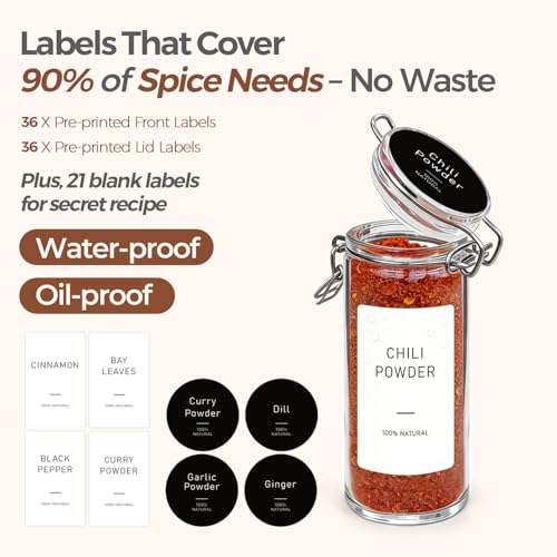 Image of ComSaf Small Glass Spice Jars with Airtight Lids 4oz 12 Pack with Labels | BPA-free food-grade glass, airtight lid, full spice collection, herb & seasoning, 16 labels, decorative