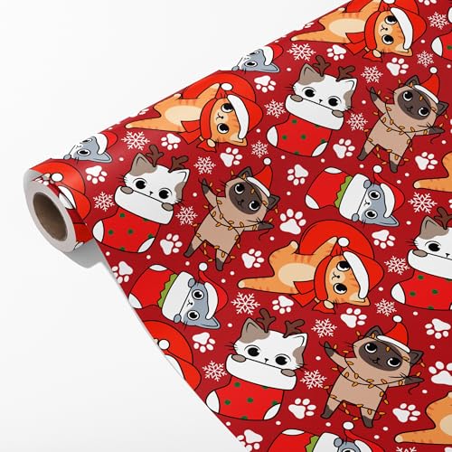Dtiafu Cat Christmas Wrapping Paper Roll for Boys Girls Kids - Red Paw Gift Wrap Sheets with Naughty Cat Stocking Snowflake for Christmas Winter Holiday Celebration - Total 28.5sq.ft