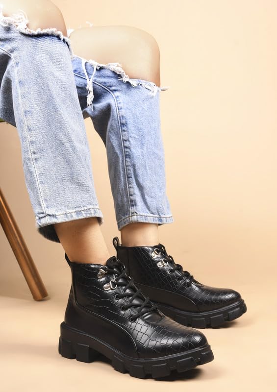 Padchin Women Smart Casual High Ankle Chunky Heel Black Boots for Girls 1