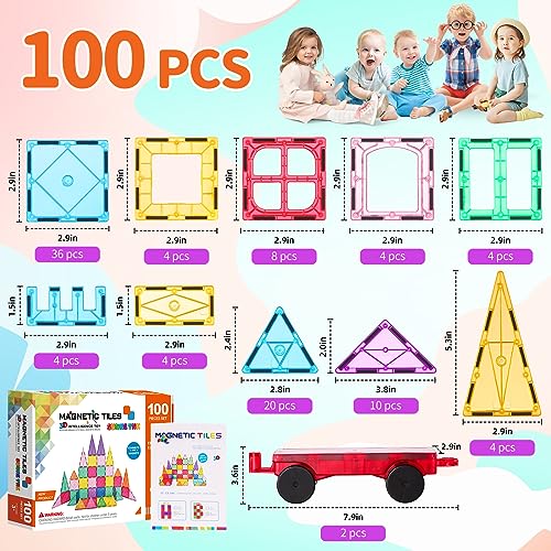 Magnetic Tiles, 100PCS Magnetic Building Blocks for Kids, Magnet 3D Montessori Kids Toy Set, Building Construction Educational STEM Toys for 3+ Year Old Boys and Girls Christmas Birthday Gifts - Image 5