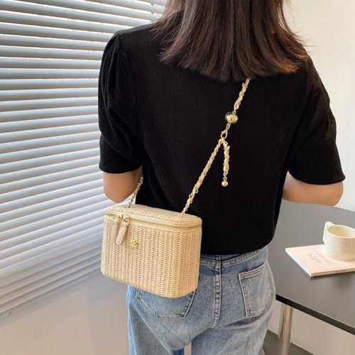 Women Woven Crossbody Bag with Chain Weaving Beach Handbag Straw Bucket Satchel Bag Ladies Summer Daily Bag3