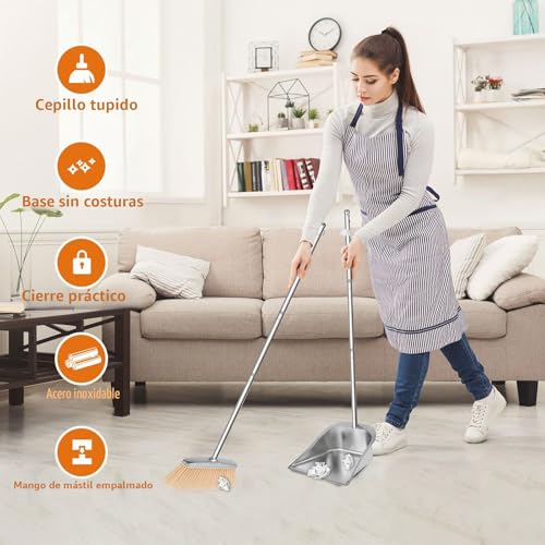 Miniatura 2 de Juego De Escoba Y Recogedor Con Mango Largo, 118 Cm, Acero Inoxidable, Barredora Y Recogedor, Pala Vertical, Limpieza Hogar, Oficina, Porche, Terraza