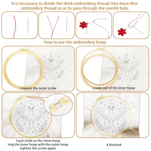 Image of BEUNITONE 6 Set Moth Embroidery Kit for Adults Beginners, DIY Needlepoint Craft Kits with Instructions and Hoops, Complete Starter Set for Adults, Handmade Embroidery for Gifts and Home Decor 20x20cm