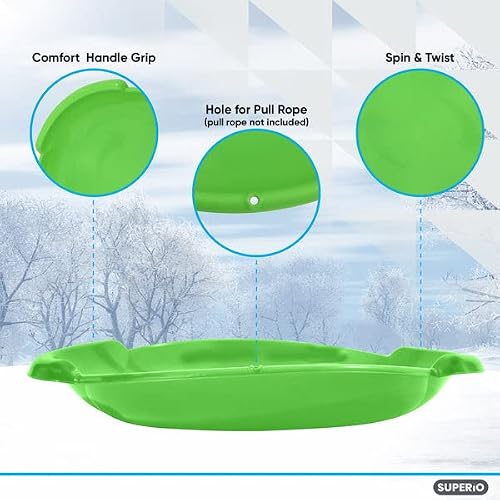 Superio Round Saucer Snow Sled, Green Spiral Plastic Sled with Handles 24" Winter Snow Fun for Kids and Adults