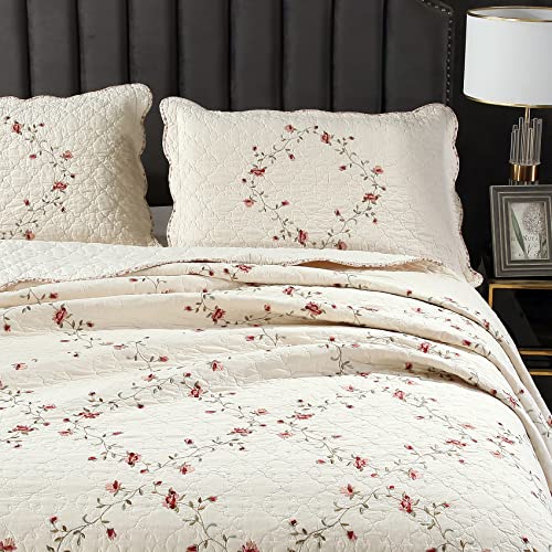 Bqf 3-Piece Floral Embroidered Bedspreads Queen Size 1 Quilt And 2 Pillow Shams Cotton Queen Quilt Bedding Set Luxury Bedspreads For All Season #TOP6