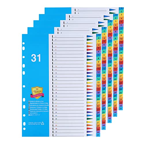 Divisores de archivos A4(5 unidades)Separadores de 31 Partes,Número 1-31,Divisores con 11 Agujeros y Pestañas Multicolor para La Oficina Doméstica Cover