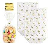 Sweelov Cellophantüten mit boden, 100 Stücke Gold Rentiermotiv & HOHO OPP Kreuzbodenbeutel mit 100 Band, Wiederbefüllbar Zellophantüten für Süßigkeiten Kekse Gebäck Weihnachten, 235x145mm celofantüten