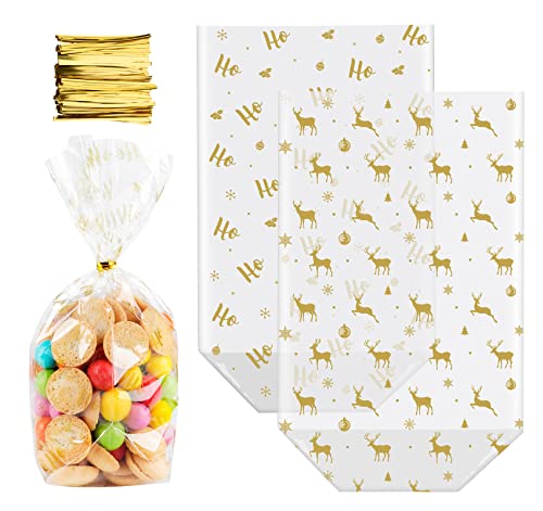 Sweelov Cellophantüten mit boden, 100 Stücke Gold Rentiermotiv & HOHO OPP Kreuzbodenbeutel mit 100 Band, Wiederbefüllbar Zellophantüten für Süßigkeiten Kekse Gebäck Weihnachten, 235x145mm celofantüten