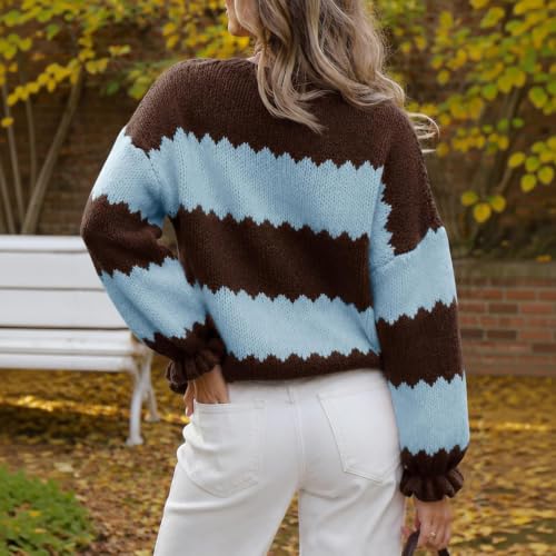 Striped Sweater Women Color Block Crewneck Ruffle Sleeve Pullover Sweater - image 3