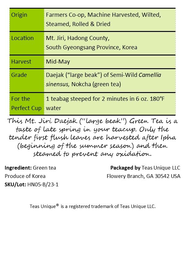 Miniatura 2 de Teas Unique Korean Hadong Mt. Jiri First Flush Té verde, 25 bolsas de té (1.76 oz)