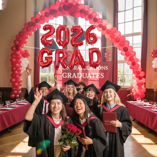 Image of 2026 Congratulations Grad Balloons, 16 Inch Red 2026 GRAD Foil Balloons Banner Sign Sign for for Graduation Decorations 2026, College High School Class of 2026 Graduate Congrats Party Decor Supplies