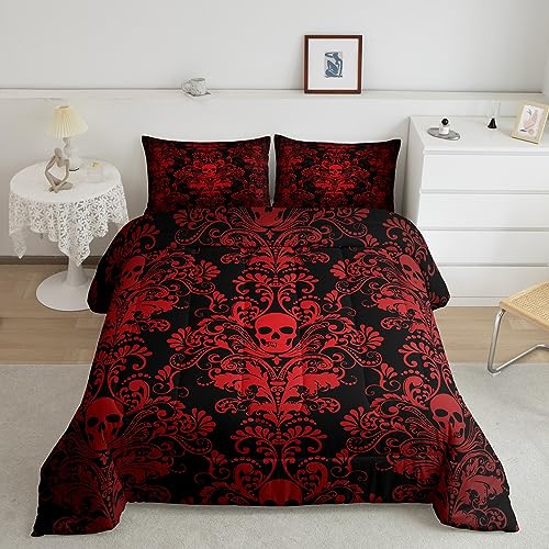 Adults Red Damask Bedding Set Antique Victorian Baroque Comforter Set Full Size,Gothic Vintage Floral Quilt Exotic Sugar Skull Duvet Insert,Gothic Bone Skeleton Bohemian Decor,Black