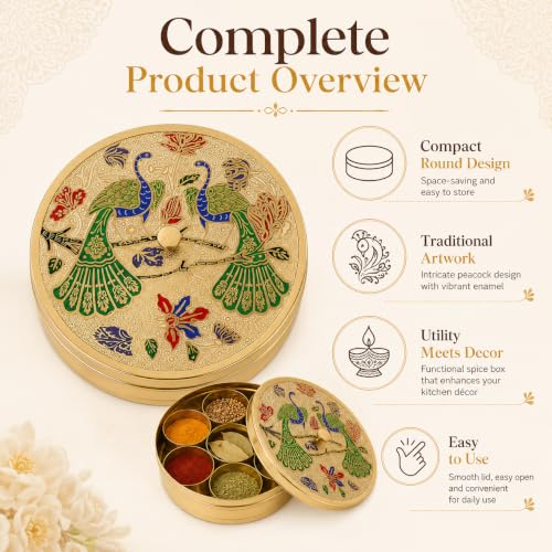 Image of Brass Spice Box with Peacock Lid & Spoon | Handcrafted Round Masala Dabba with 7 Containers | Traditional Brass Masala Box for Kitchen | Masala Dani for Kitchen Stylish