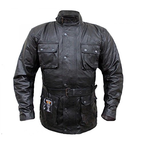 Bikers Gear Australie Classic Vintage Style Trail Blazer Veste de moto rétro en cuir ciré avec protection amovible CE1621-1 5 pièces - Noir - 3XL Cover