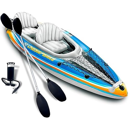 Sunlite Sports 2-Person Inflatable Kayak with Aluminum Oars (136" x 33"), High Output Air Pump and Storage Bag, Double Tandem Kayak for Adults, Two Person Canoe and Kayak, Good for Lakes and Rivers