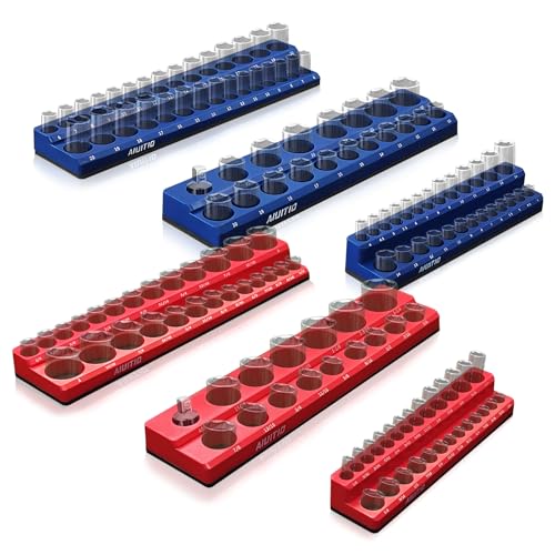 6-Piece Magnetic Socket Organizer Set Magnetic Socket Holder Includes 1/4 3/8 1/2 Drive Metric SAE Socket Trays Holds Standard and Deep Sockets (6-Piece Magnetic Socket Organizer)