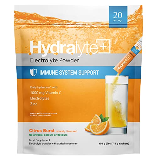 Hydralyte Plus Immune Support - Citrus Burst| Natural Electrolyte Rehydration Sachets | High Strength Vitamins C (1000mg), Zinc & Magnesium | ORS Hydration | Electrolyte Powder Supplement