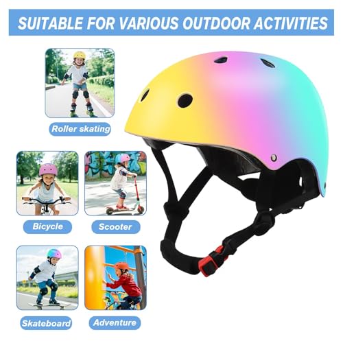 Image of Color Gradient Adjustable Kids Bike Helmet with Knee & Elbow Pads Set | Multi-Sport Safety Gear for Boys & Girls Ages 5-14 | Skateboarding, Scooters, Roller & Inline Skating, Longboarding
