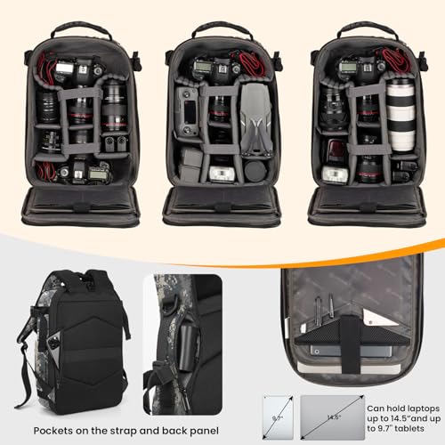 Image of TARION Camera Backpack 3-side Hardshell: Hard Case Camera Backpack Bag Photography Backpack DSLR Backpack with Waterproof Raincover Laptop /Tripod Compartment Hard Side Drone Backpack Photo Bag Camo