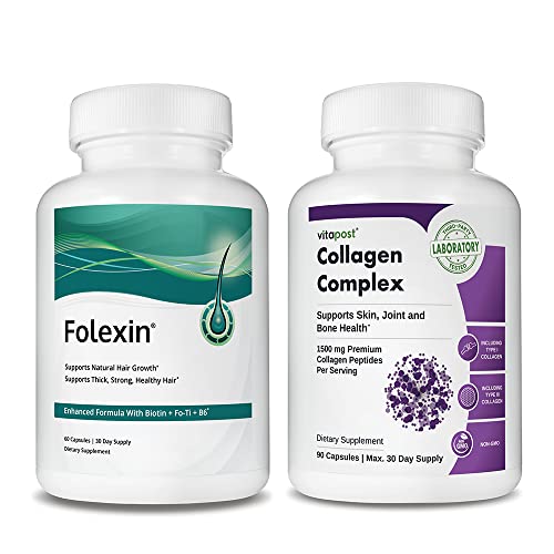 Folexin & Vitapost Collagen Complex | Hair, Skin & Nails Supplement Bundle | Hair Growth Support Supplement For Women & Men + Premium Hydrolyzed Collagen Peptides Capsules 1500Mg Per Serving #TOP2