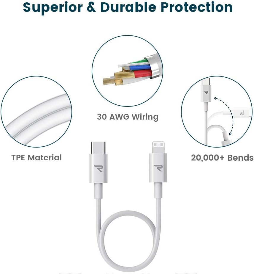 USB C to Lightning Cable RAMPOW[0.66ft MFi Certified]Fast Charging & Sync - iPhone Cable Apple Certified,Power Delivery for iPhone 12 Pro Max/Mini/12/11 Pro/X/XS/XR/8 Plus/iPad Pro/AirPods Pro,(White)