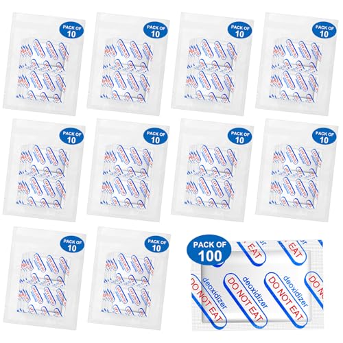 QHOWYAL 100 Packs 200CC Oxygen Absorbers (10 Packs in Individual Vacuum Bag), Food Grade Oxygen Absorbers for Food Storage, Perfect for Mylar Bags, Canning, Mason Jars