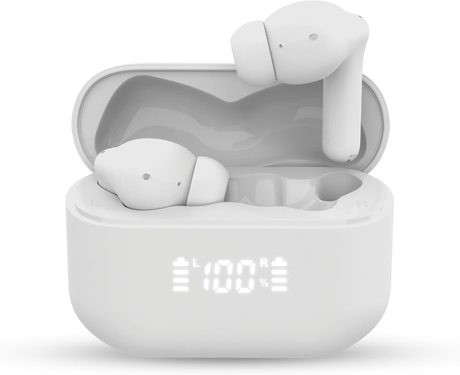 Naztech Xpods Pro ANC True Wireless Earbuds in white charging case with LED display showing 100% charge.