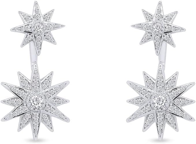 Created Real 925 Sterling Silver 14K Gold Finish Round Cut White Diamond New Year Special Double Starbursts Ear Jacket Stud Push Back Earrings Jewelry NewYear Gift for Women's