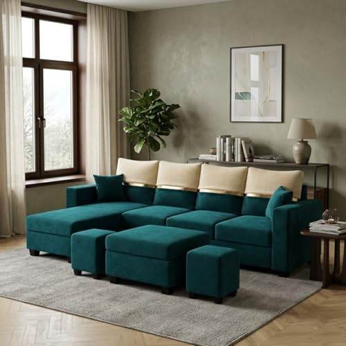 Image of Furny Arvea 8 Seater Fabric LHS L Shape Sofa Set with 1 Centre Table & 2 Puffy (Greenish Teal) | Soft Velvet Fabric | Modern Design | Comfortable Seating | Living Room Furniture
