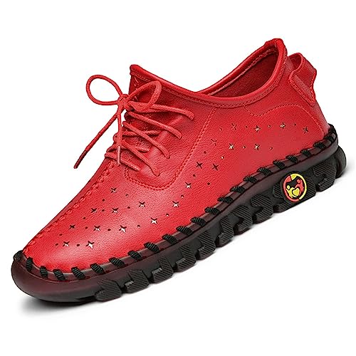 Image of Women'S Hollow Leather Lace Up Flat Loafers,Lightweight Breathable Casual Comfort Non-Slip Walking Shoes Handmade Beef Tendon Soft Sole Mom Nurse Shoes