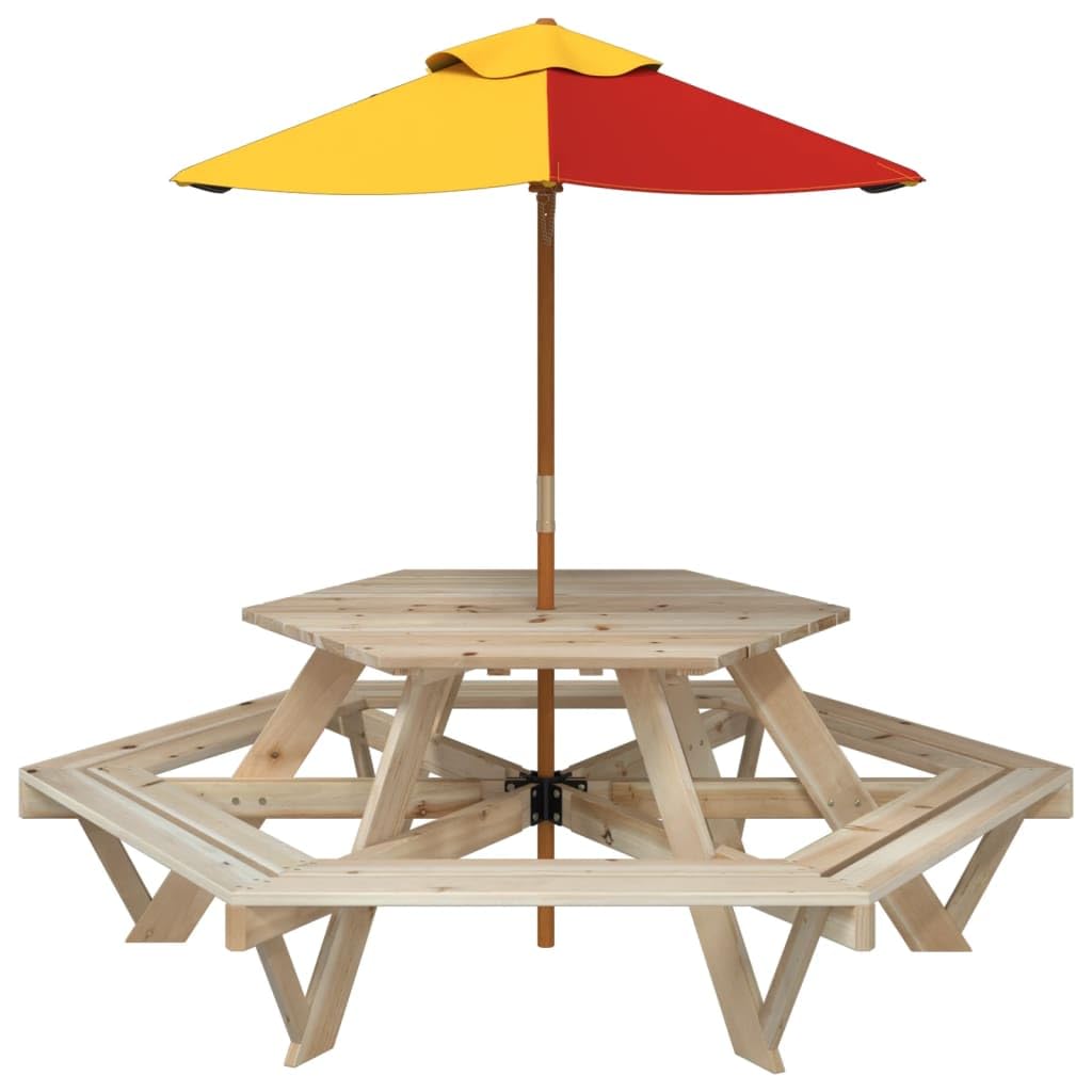 Tavolo da picnic per 6 bambini, con ombrello, esagonale, in legno massello di abete