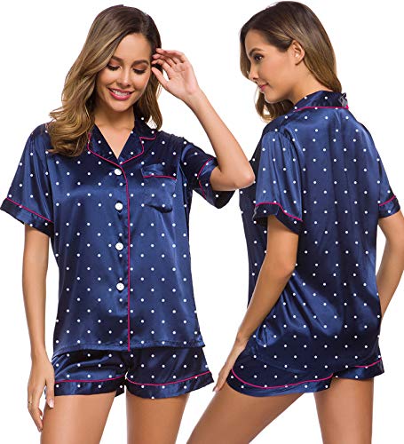 Image of SWOMOG Womens Silk Satin Pajamas Set Short Sleeve Sleepwear Button Down Top and Shorts Loungewear 2 Piece Pjs Set XS-3XL