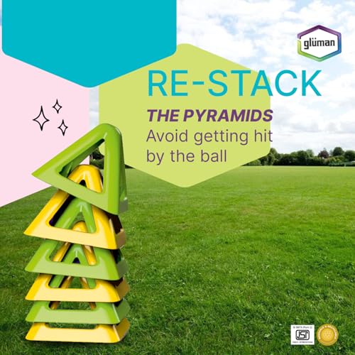 Image of Gluman Pitthu Game | Pithoo Stacking Set | Lagori | Triangle Pyramid with Soft Ball | Fun Indoor Outdoor Seven Stones Game with Disney Sipper | Ages 6 and Above | Waterproof (Green & Yellow)