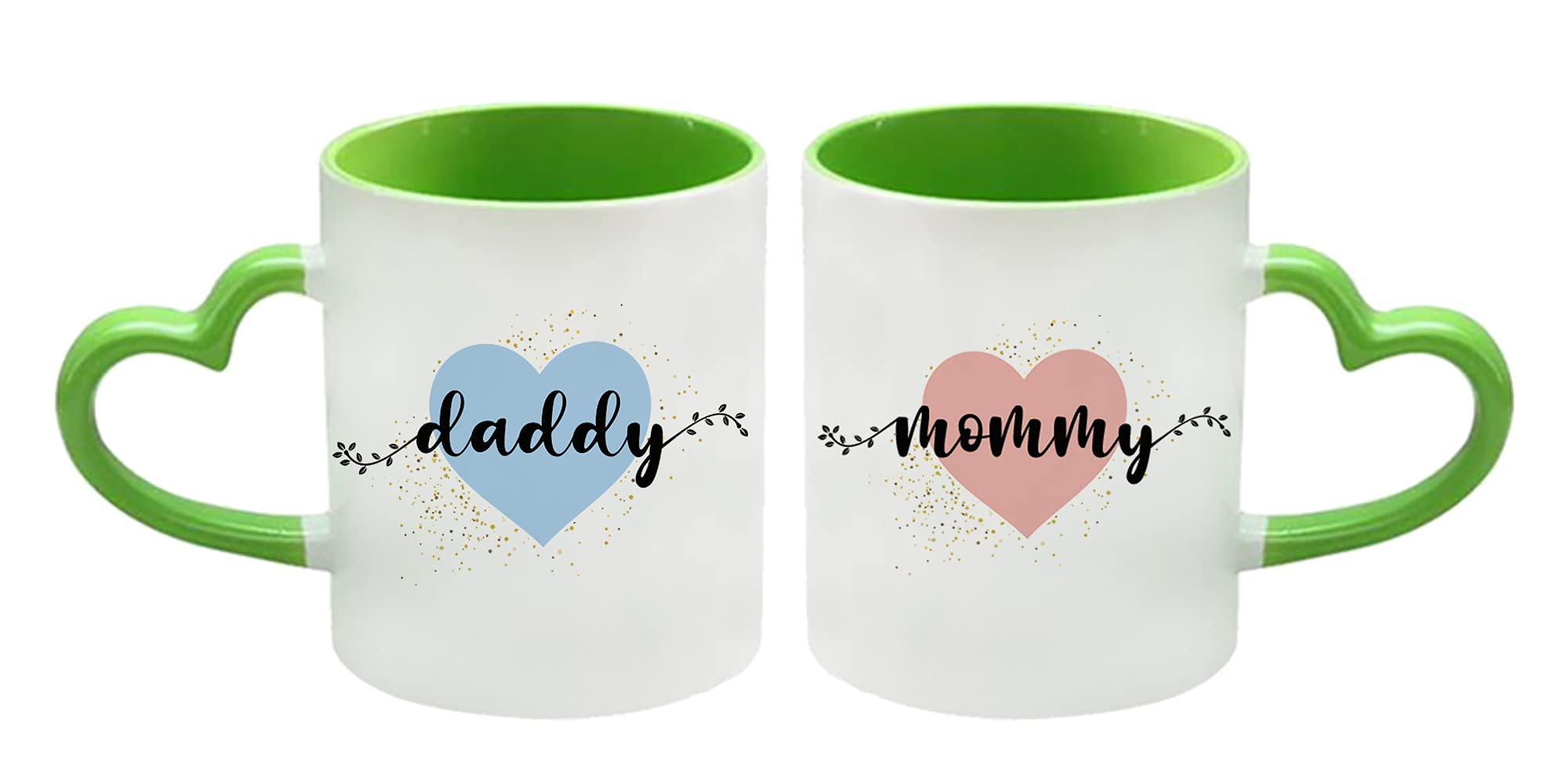 Mummy and Daddy Set of 2 Mugs, Mum Dad, Father Mother, Christmas, Birthday, 1st Present Gift New Parents Novelty Cup, Unique Coloured Heart Handle Ceramic Mug Set. (Green)