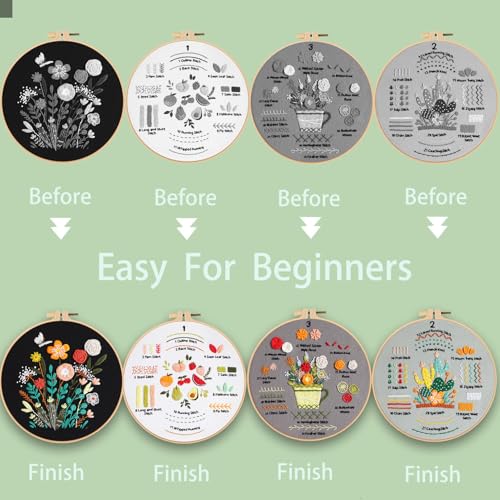 Image of Ohcol Embroidery Kit for Beginners, 4 Floral Patterns, Learn 33 Stitches, Pre-Printed Fabric, Hoop, Colored Threads and Needles, Easy Video Guide, DIY Hand Sewing Gift for Adults and Teens