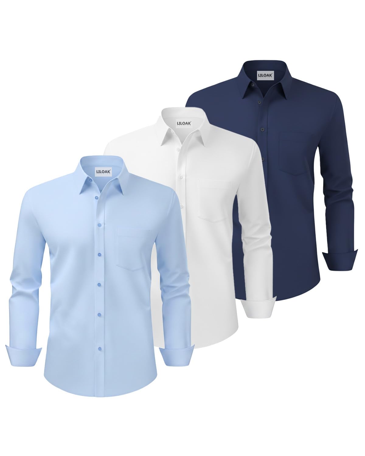 Liloak 3 Pack Men’s Dress Shirts Long Sleeve Button Down Regular Fit Business Wedding Formal Shirts Multi-Pack
