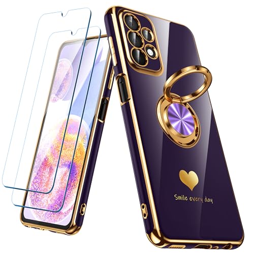 Nonional for Samsung Galaxy A23 5G/4G Case with 2 Pack Screen Protector 360 Rotatable Ring Holder [Luxury Hearts Pattern] Plating Gold Edge Slim Soft Phone Cover Case for Galaxy A23 - Purple