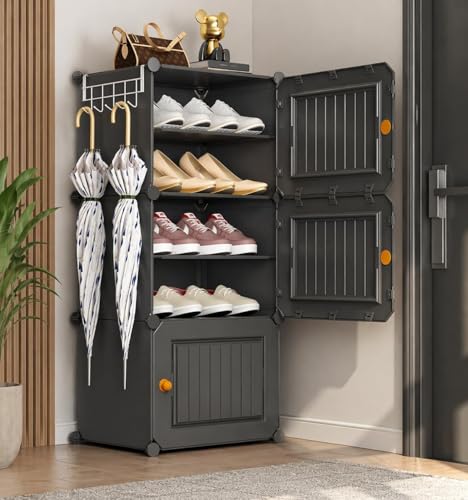 Image of Plastic Shoe Rack for Home with Door | 6-Shelf DIY Shoe Cabinet Organiser | Stores 12 Pairs | Foldable & Waterproof Shoe Stand for Entryway, Bedroom (Grey-HW1, 6-Layer)