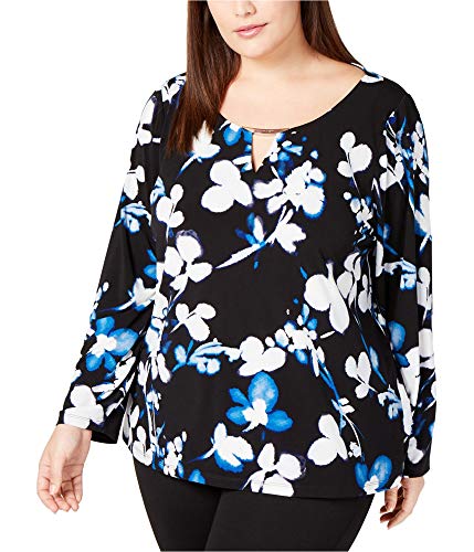 Calvin Klein Womens Plus Printed Keyhole Neck Blouse Black 1X